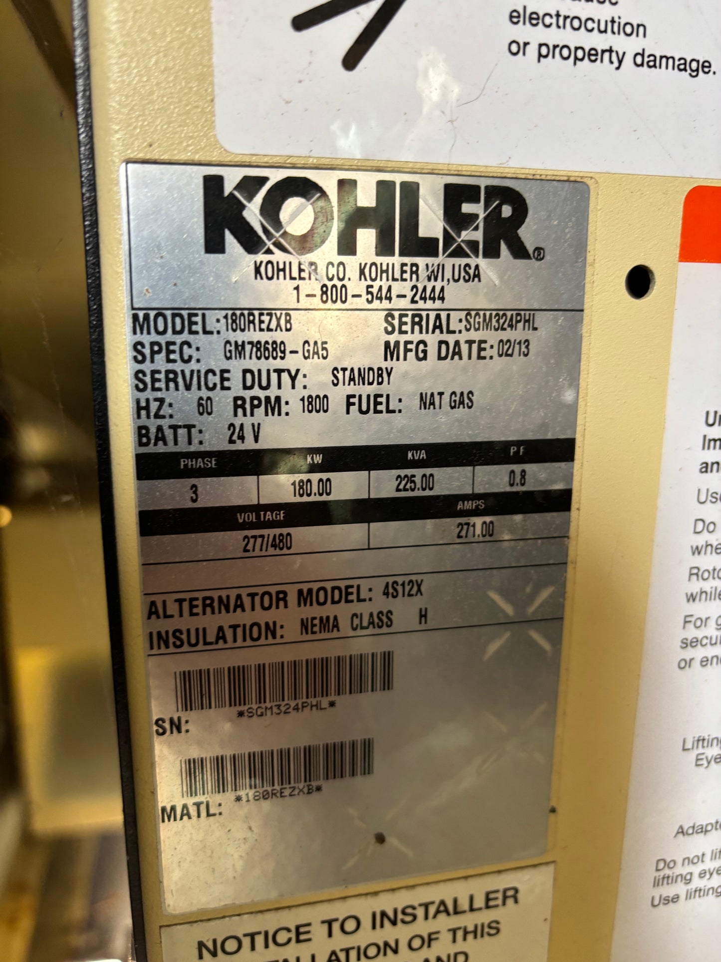 2014 Kohler 180kw 225kva Natural Gas Generator 181 hours