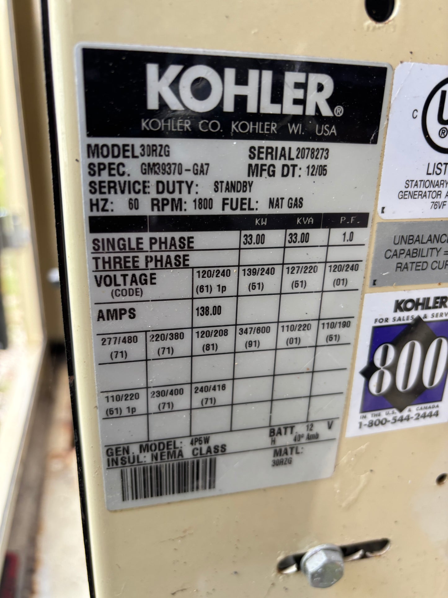 2006 Kohler 33kw Natural Gas Generator 430 hours