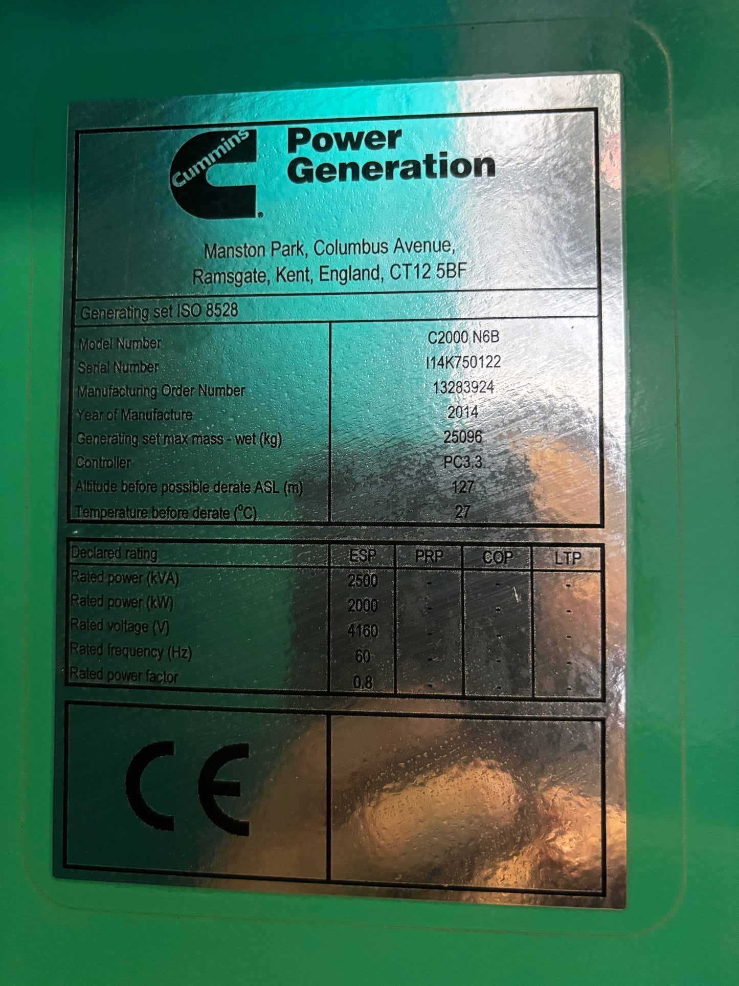 Cummins 2000kw Natural Gas Generator Set 4160 volt 86 hours