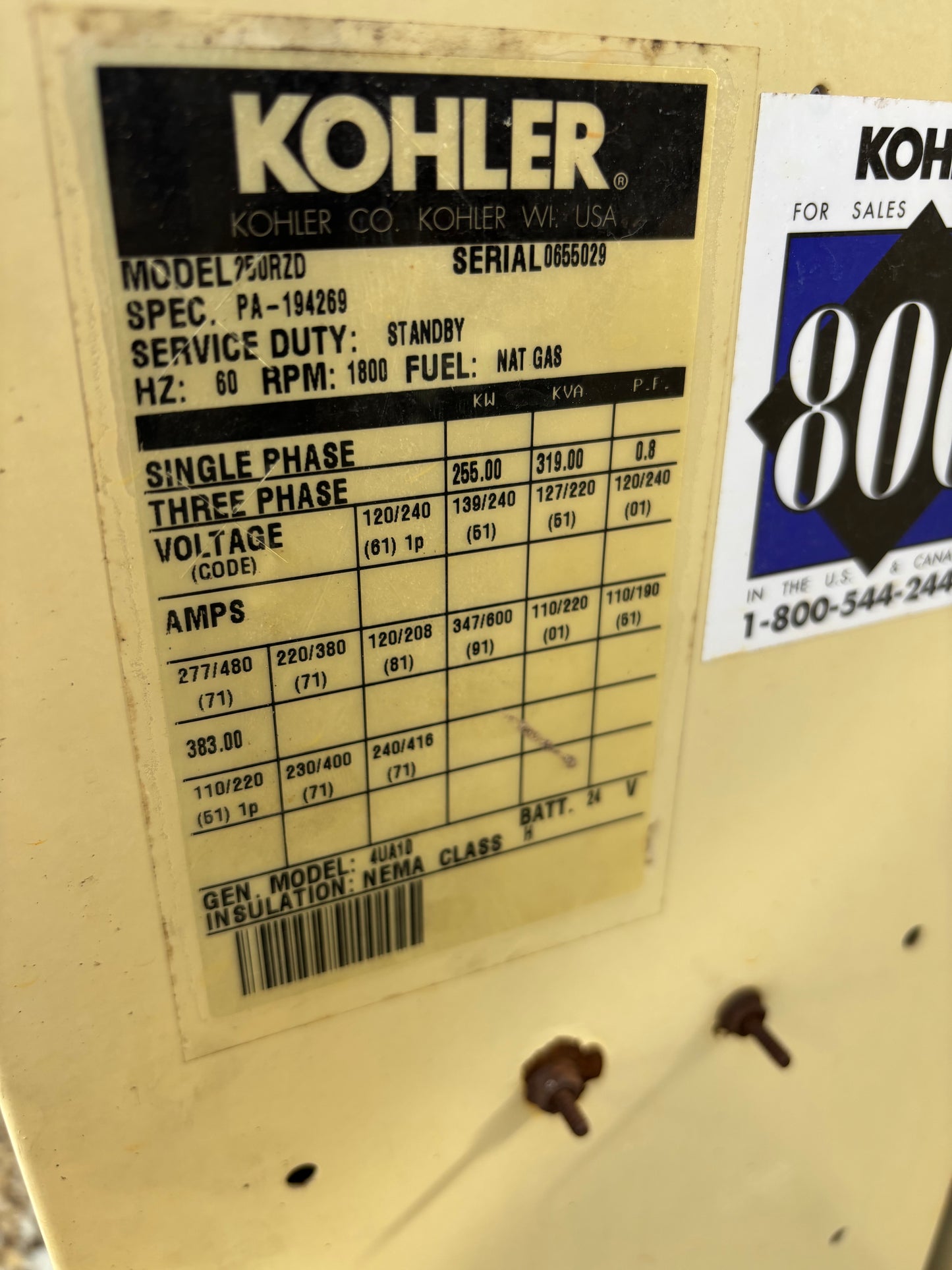 Kohler 255kw 319kva Natural Gas Generator 588 hours