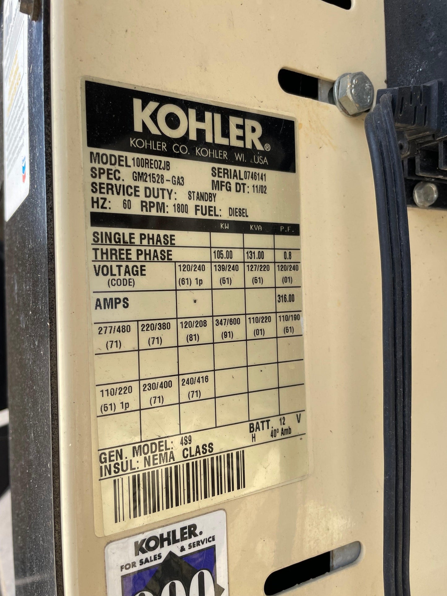 Kohler 105kw 131Kva Diesel Generator John Deere Engine 775 Hours - All-Red Services LLC