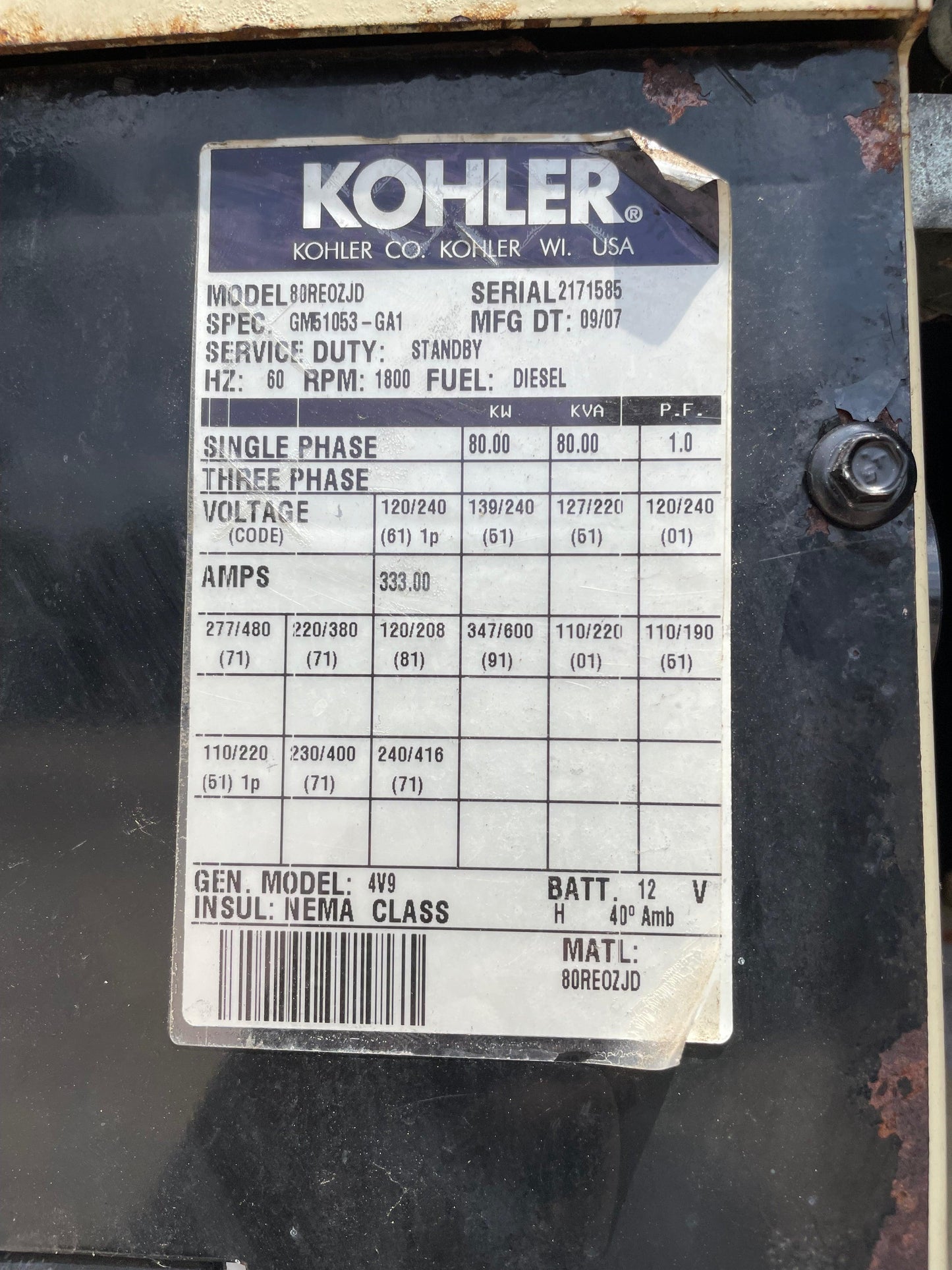 2007 Kohler 80kw Diesel Generator John Deere Engine 1,901 Hours - All-Red Services LLC